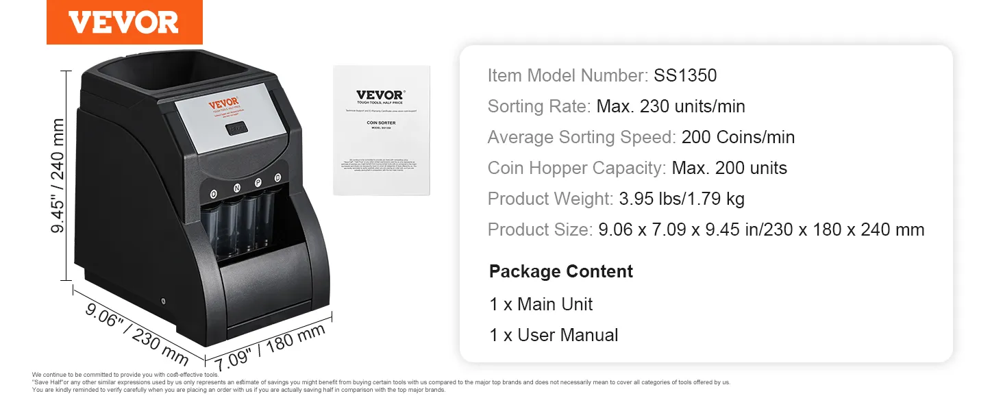 VEVOR coin sorter ss1350, max 230 units/min, 9.45x7.09x9.06 in, 1 main unit, 1 user manual.