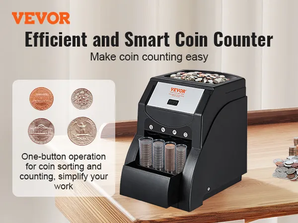 VEVOR efficient coin counter for easy sorting and counting, featuring one-button operation.