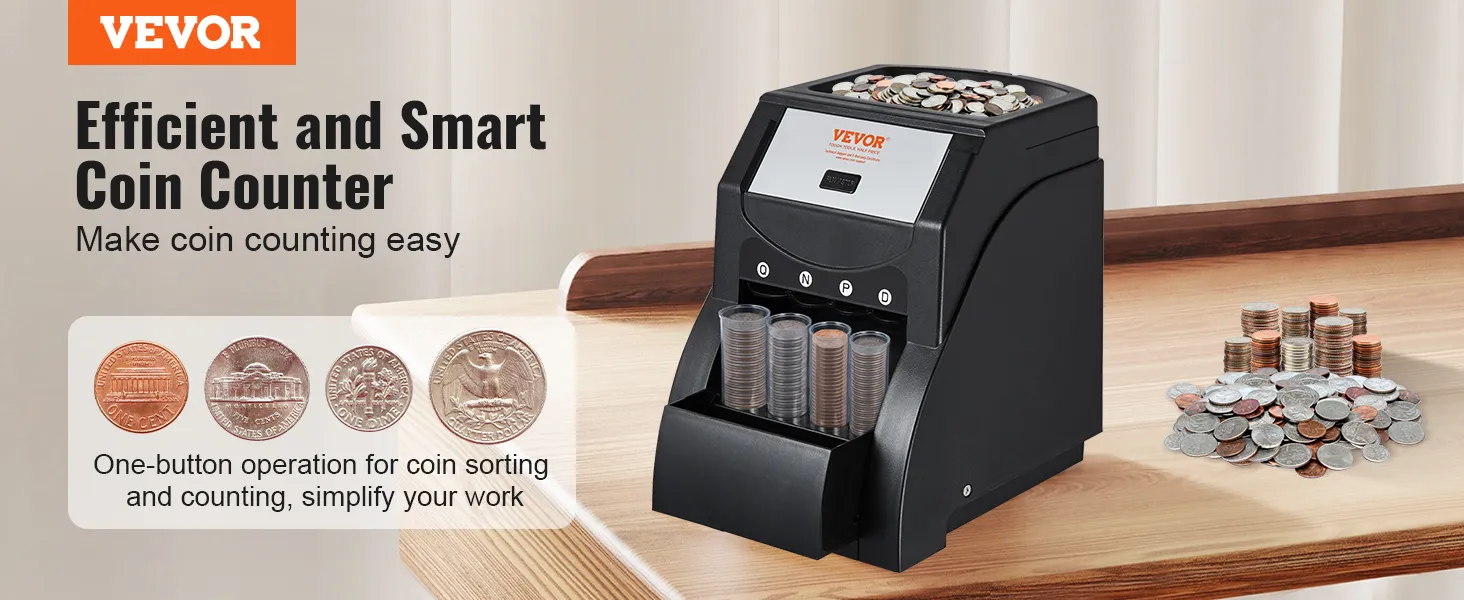 VEVOR efficient coin counter for easy sorting and counting, featuring one-button operation.