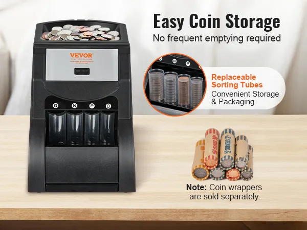 VEVOR coin sorter with replaceable sorting tubes and coin wrappers for convenient storage.