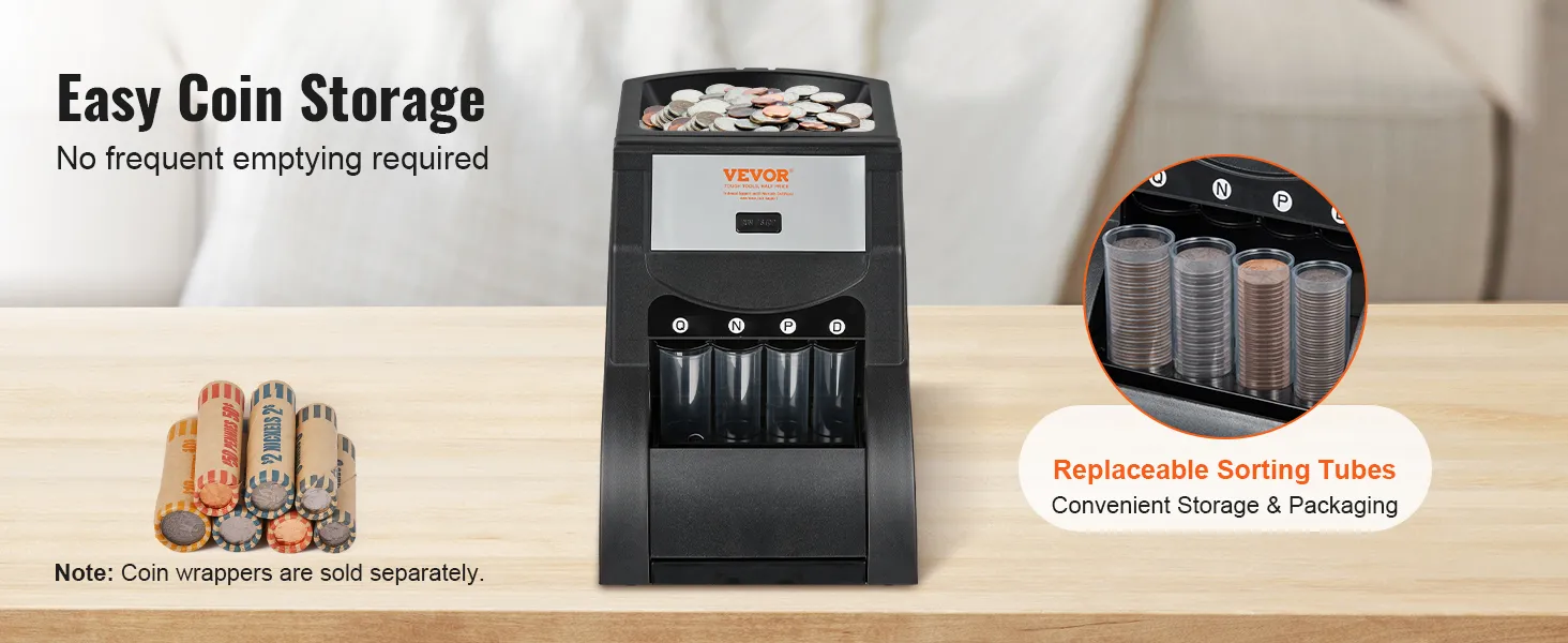 VEVOR coin sorter with replaceable sorting tubes and coin wrappers for convenient storage.