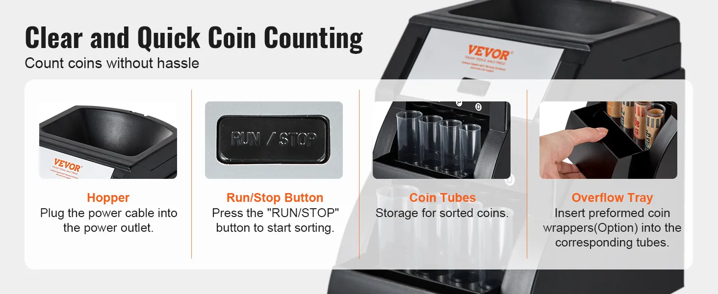 VEVOR coin sorter with a hopper, run/stop button, coin tubes, and overflow tray for easy coin counting.