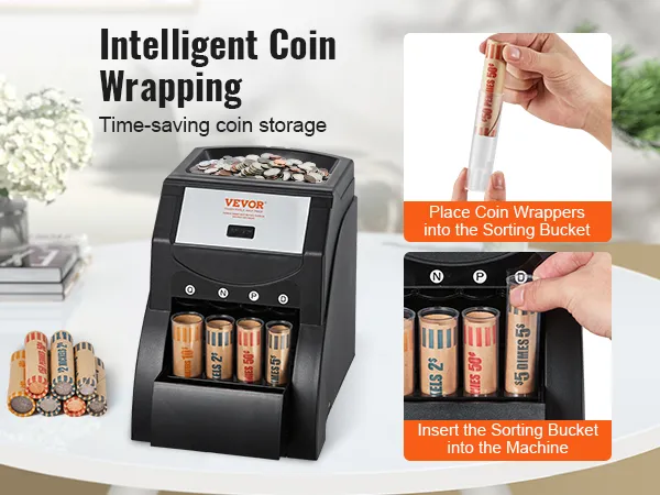 VEVOR coin sorter with wrapped coins and instructions for intelligent coin wrapping.