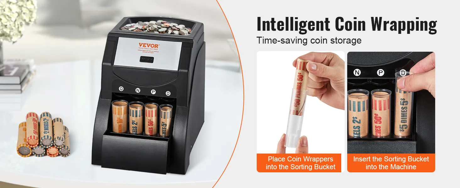 VEVOR coin sorter with wrapped coins and instructions for intelligent coin wrapping.