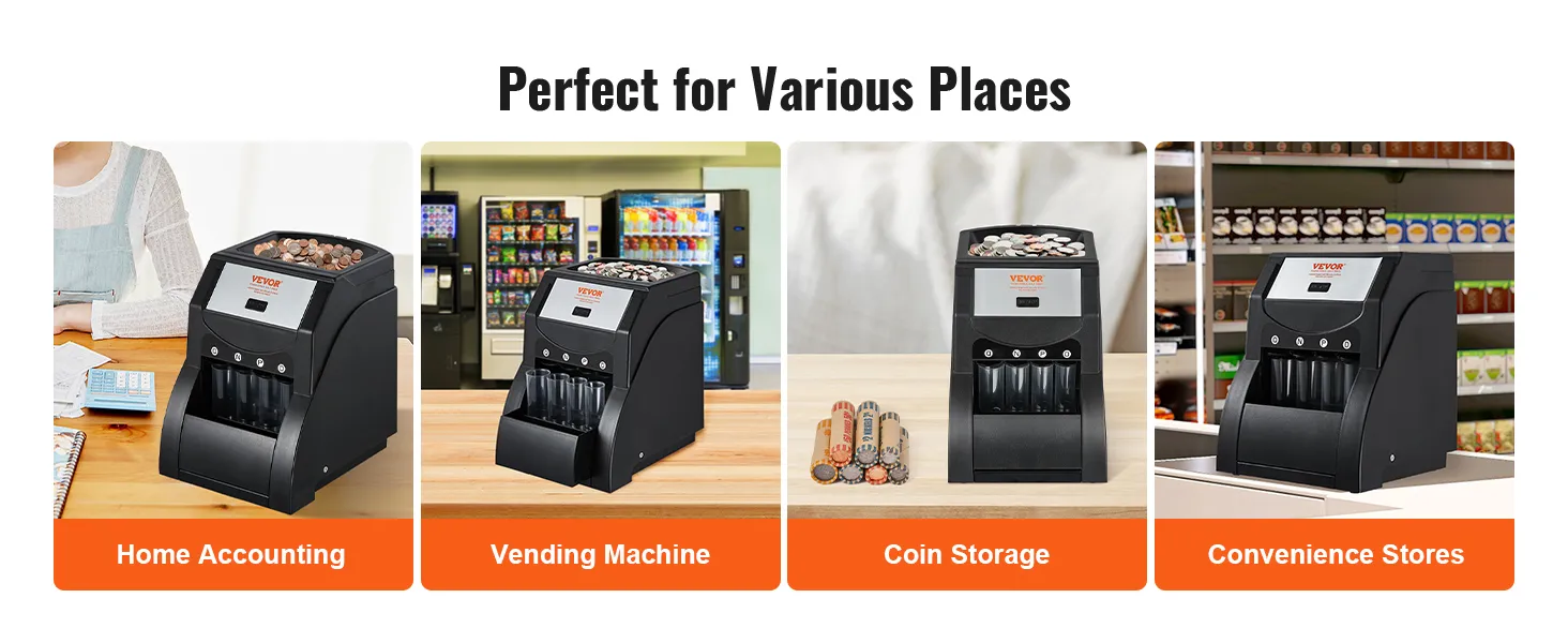 VEVOR coin sorter for home accounting, vending machines, coin storage, and convenience stores.