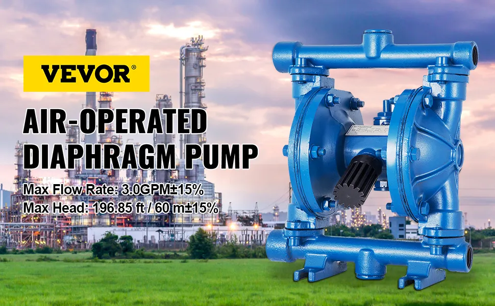 VEVOR air-operated diaphragm pump with industrial background.