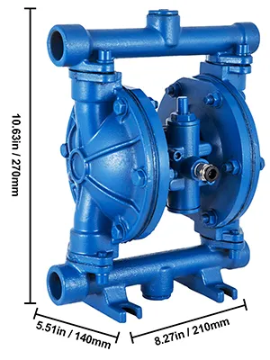 blue VEVOR air-operated diaphragm pump with dimensions (10.63in x 8.27in x 5.51in).