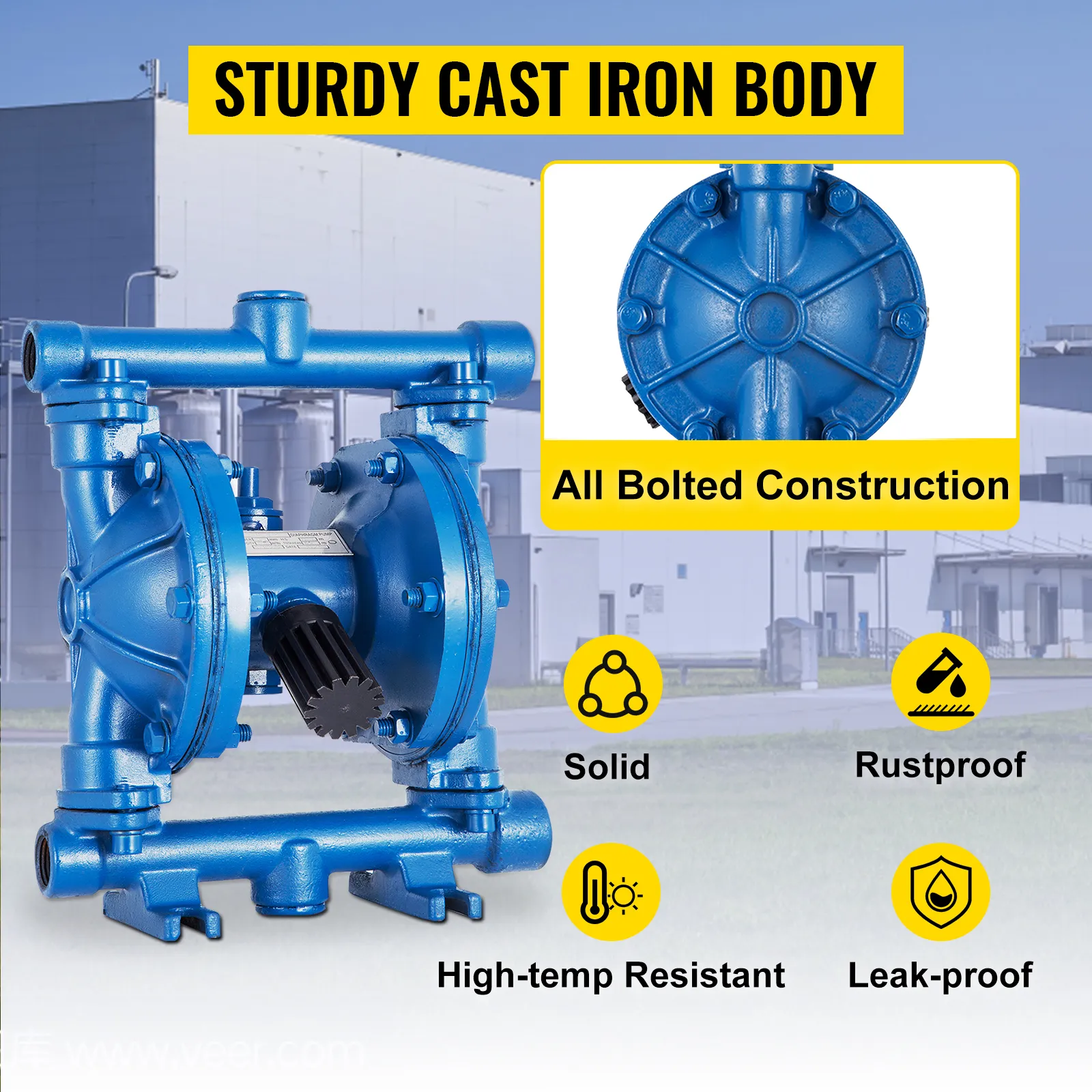 VEVOR air-operated diaphragm pump with sturdy cast iron body, solid and leak-proof.