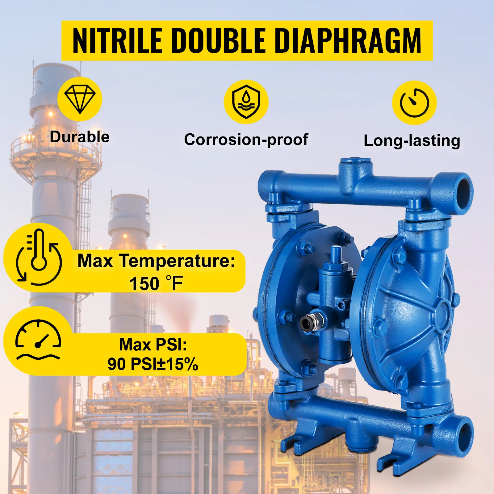 VEVOR air-operated diaphragm pump: durable, corrosion-proof, long-lasting at 150°f, 90 psi.