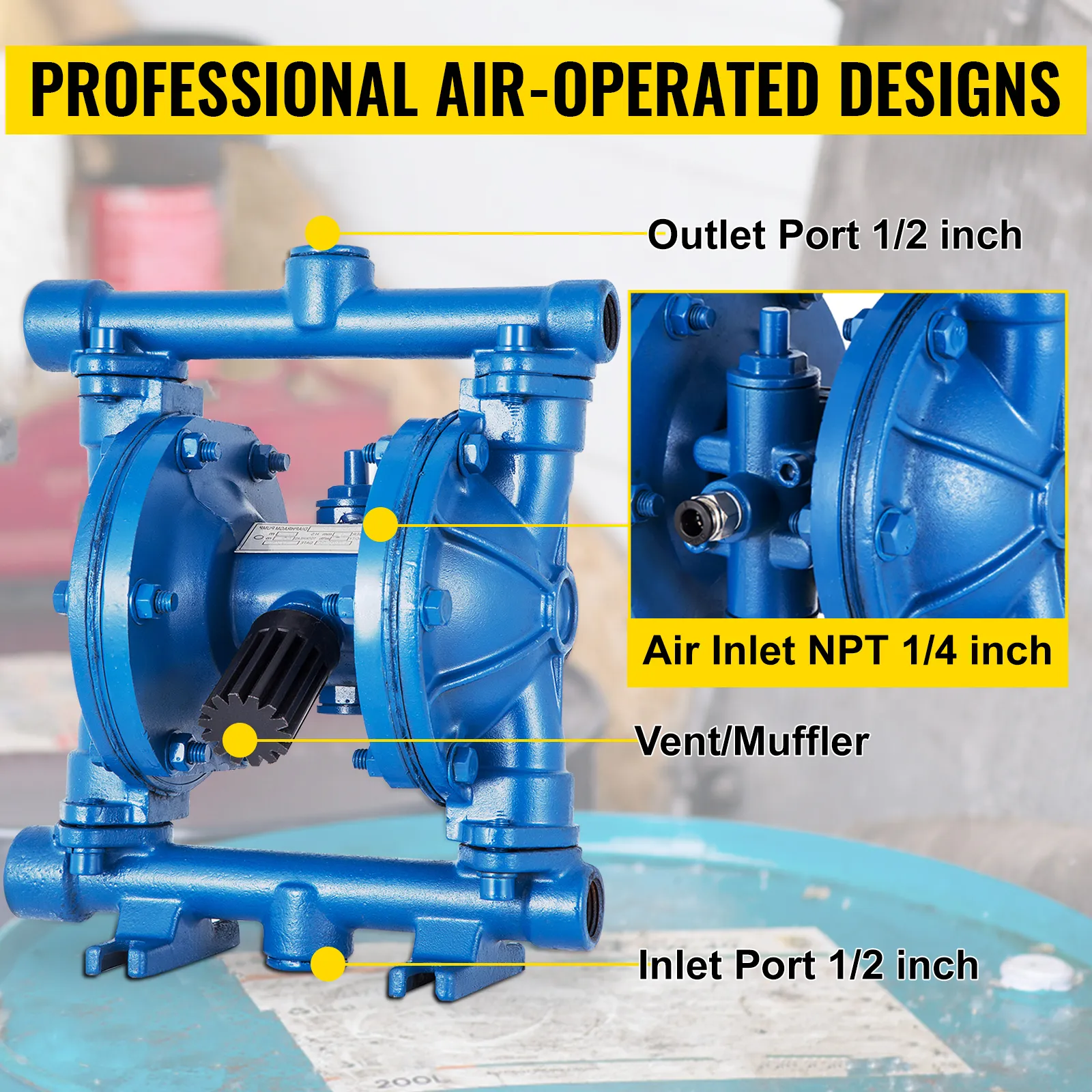 VEVOR air-operated diaphragm pump with labeled ports and professional design.