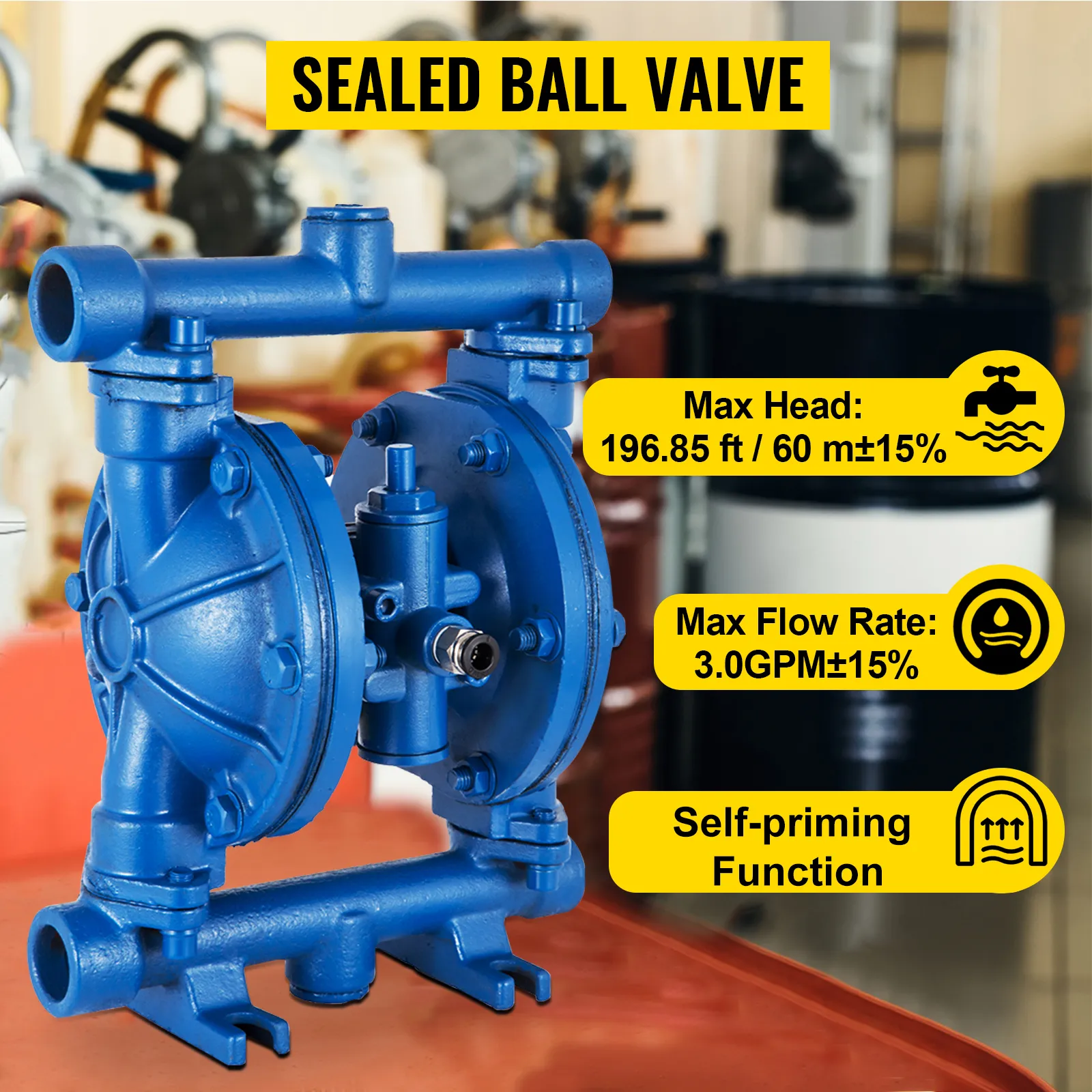 blue VEVOR air-operated diaphragm pump with sealed ball valve in an industrial setting.