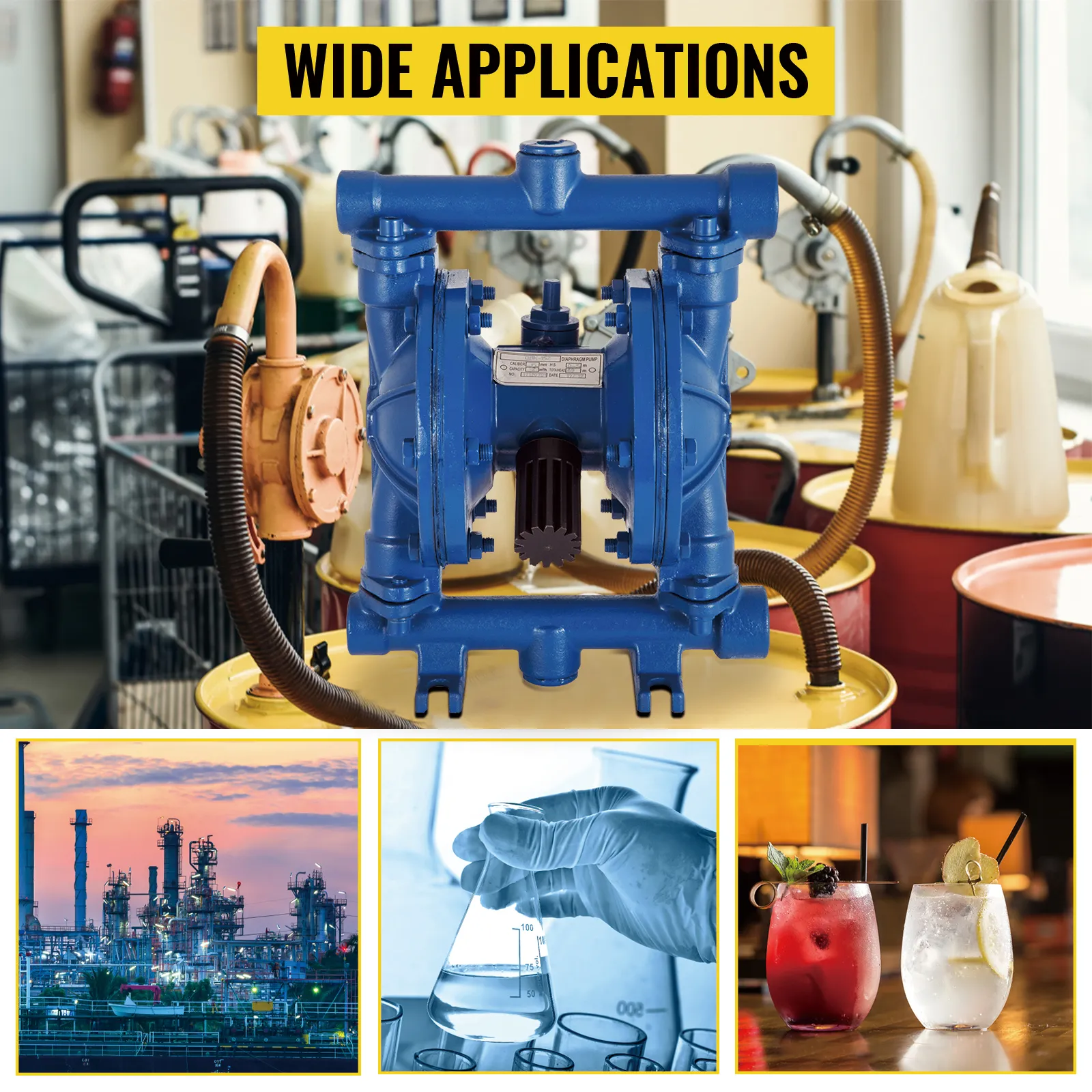 VEVOR air-operated diaphragm pump showcasing wide applications in various industries.