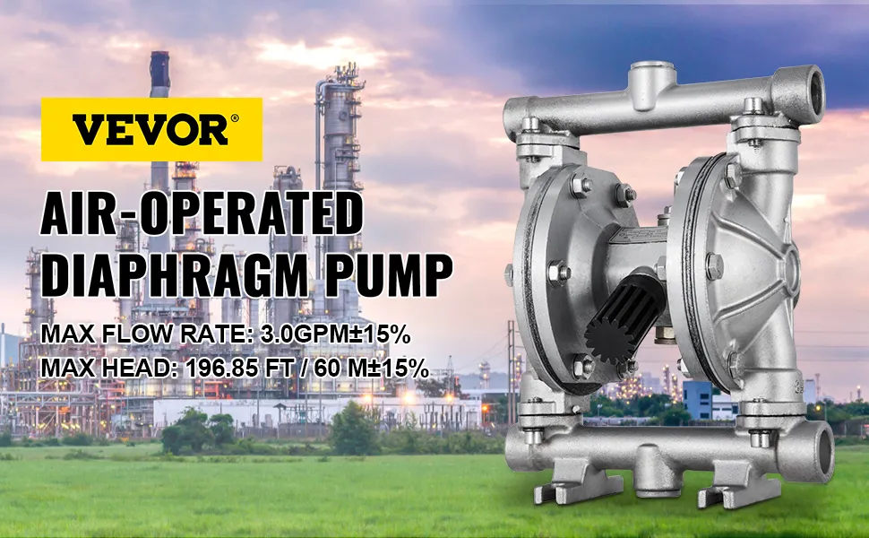 VEVOR air-operated double diaphragm pump in front of an industrial refinery.