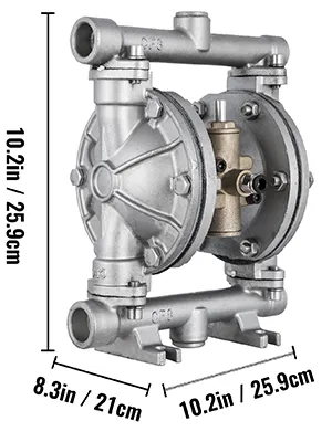 VEVOR air-operated double diaphragm pump with dimensions labeled: 10.2in x 8.3in.