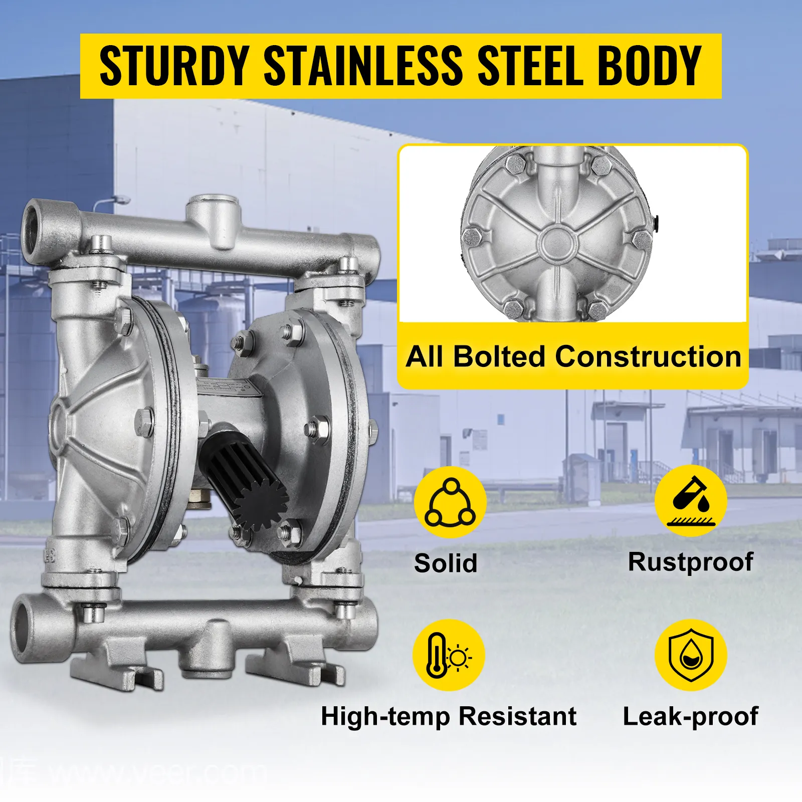 VEVOR air-operated double diaphragm pump with solid, rustproof, high-temp resistant body.