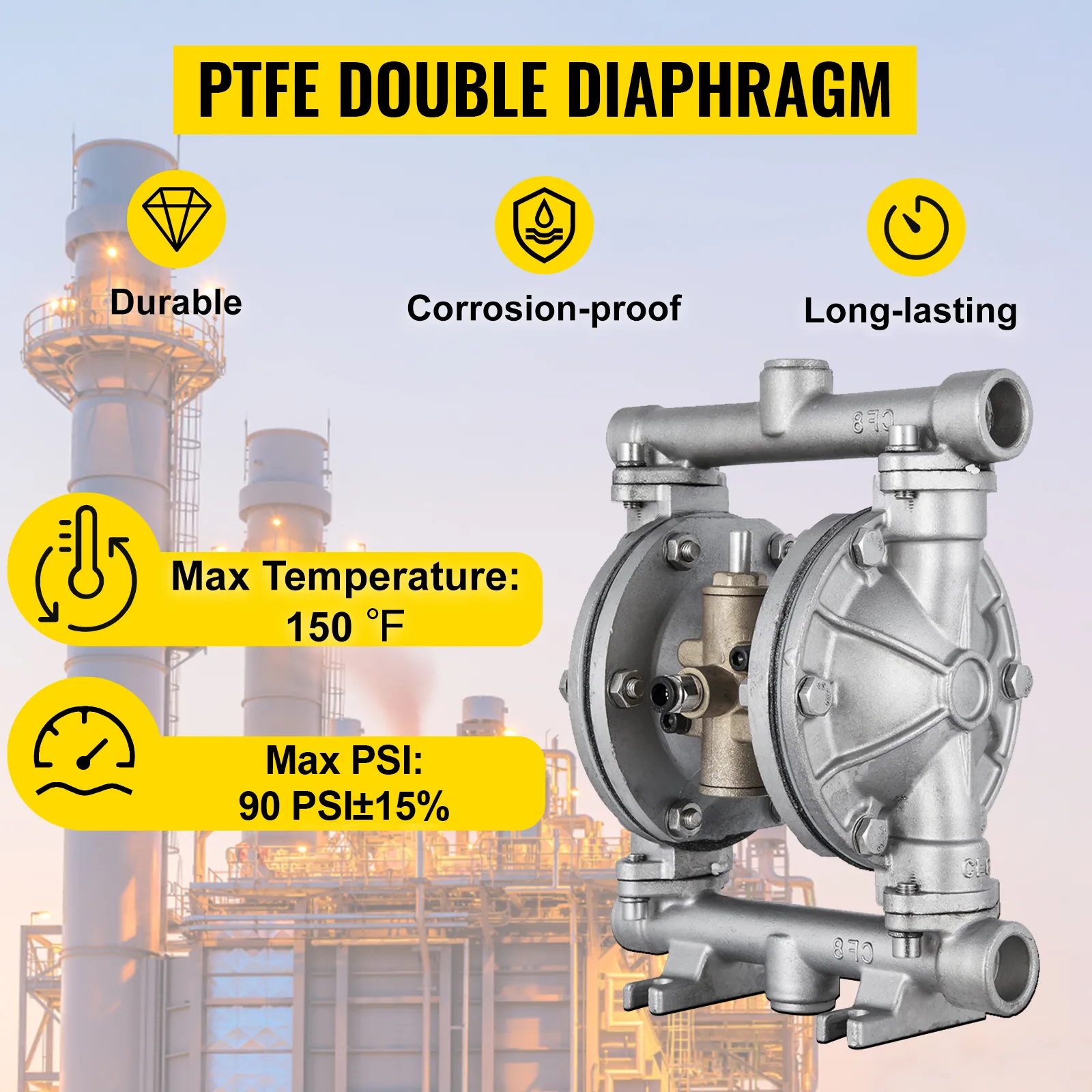 VEVOR air-operated double diaphragm pump, ptfe, durable, corrosion-proof, long-lasting.