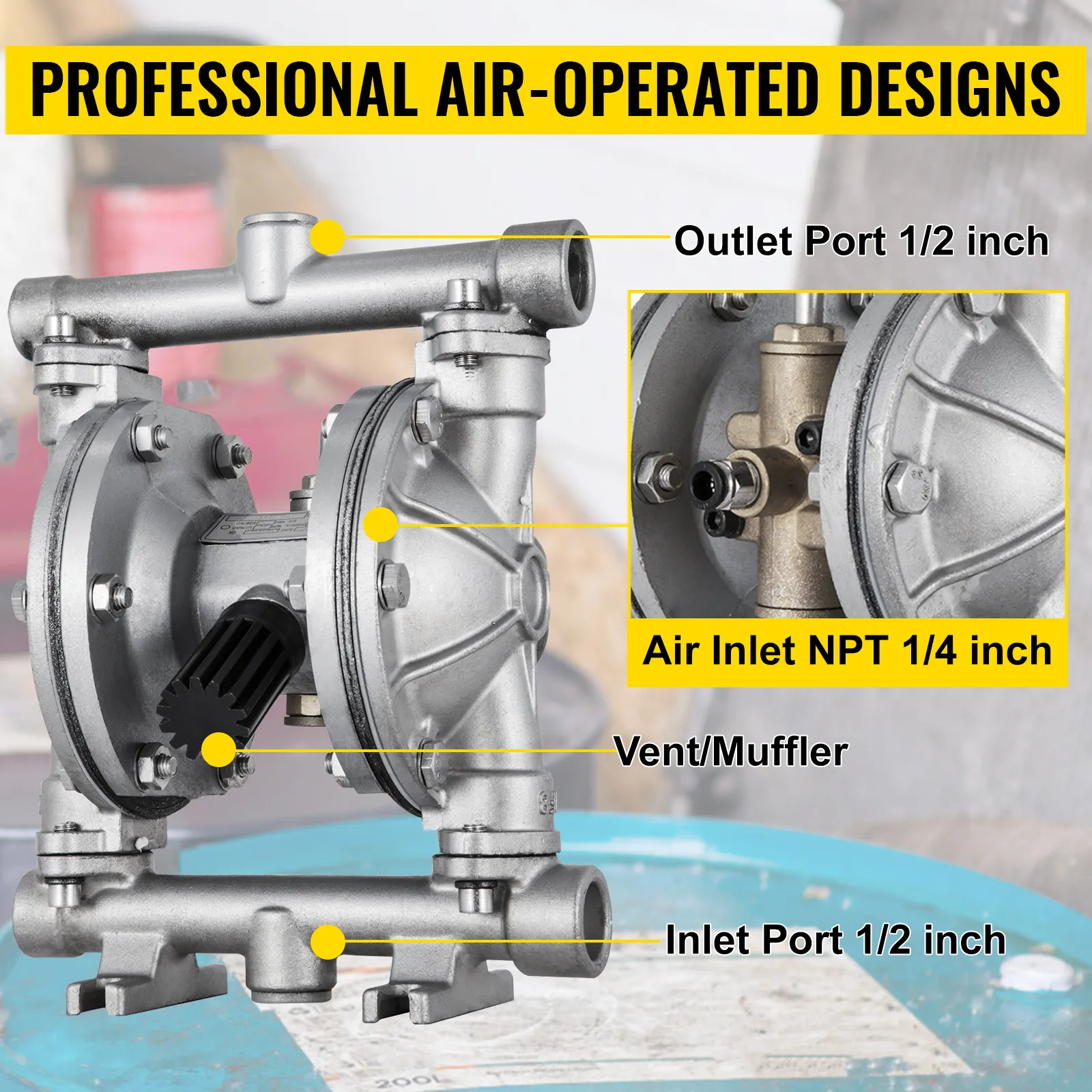 VEVOR air-operated double diaphragm pump with labeled components and ports.