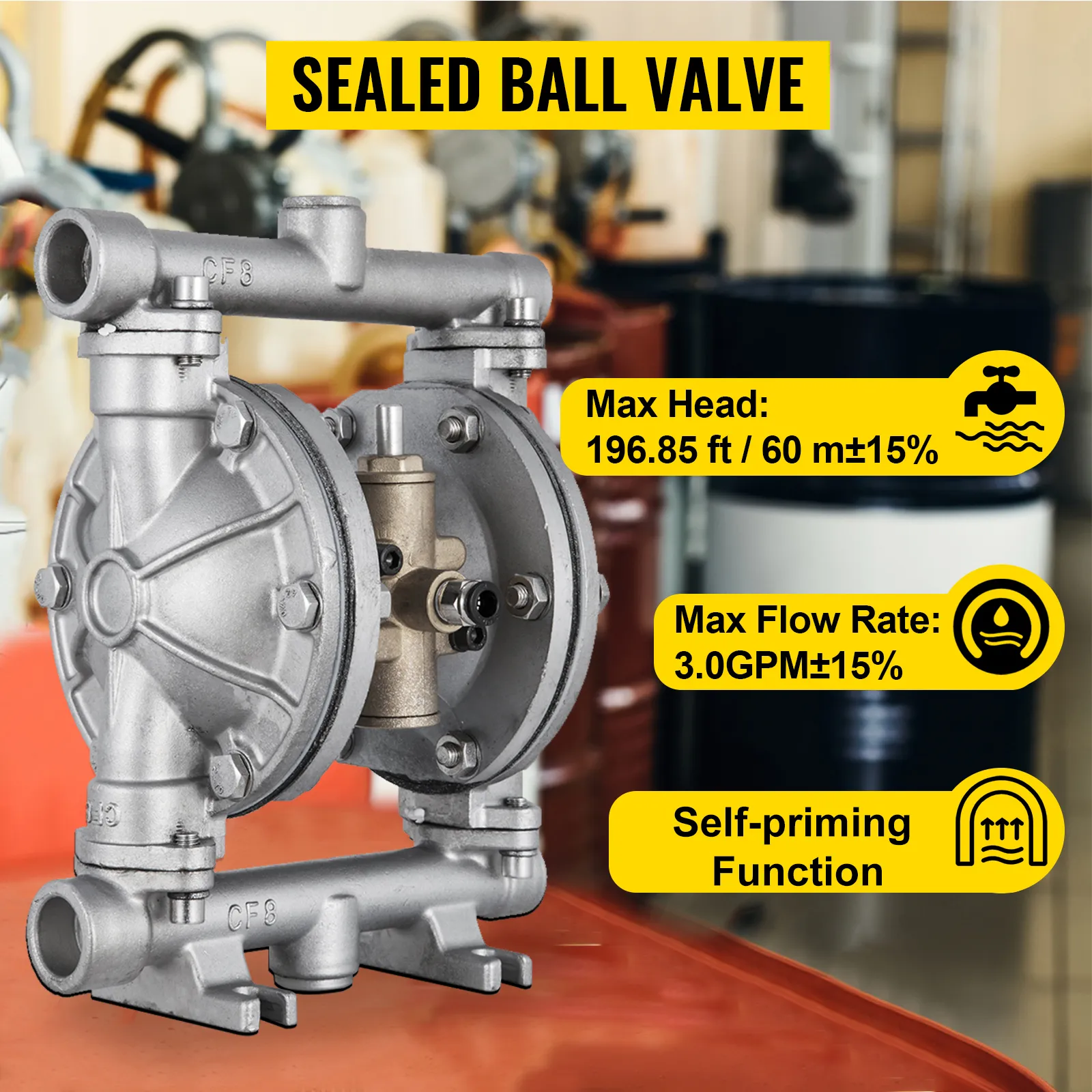 VEVOR air-operated double diaphragm pump with 196.85 ft max head and 3.0 gpm flow rate.