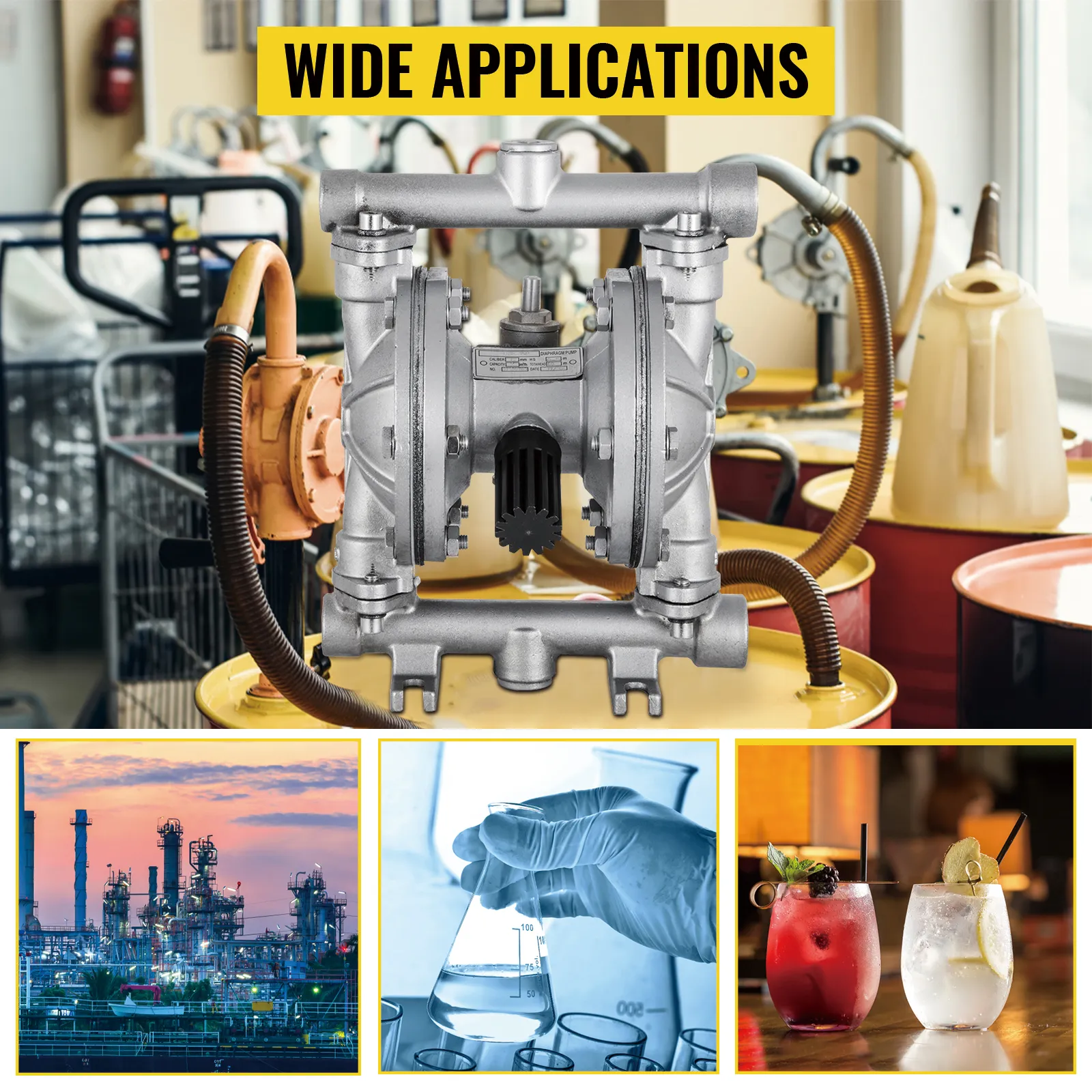 VEVOR air-operated double diaphragm pump in industrial, lab, and beverage settings