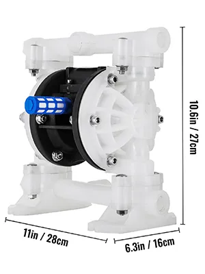 VEVOR air-operated diaphragm pump with dimensions explained in inches and centimeters.