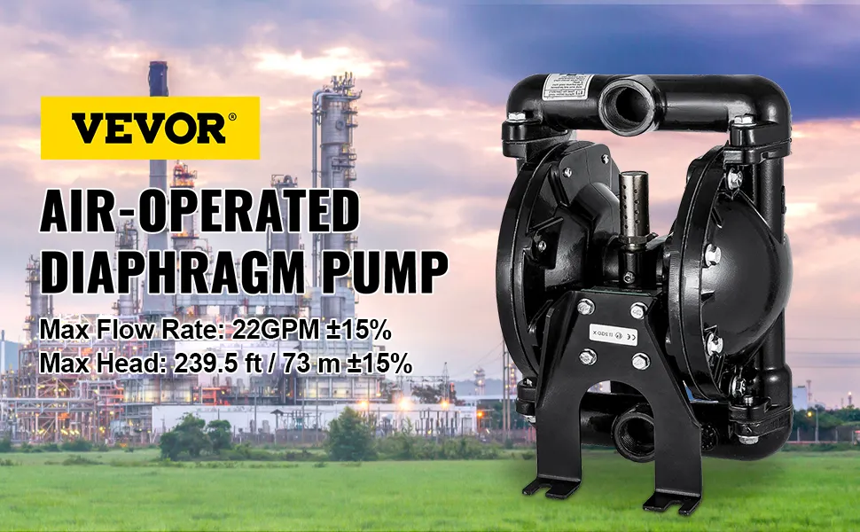 VEVOR air-operated diaphragm pump in front of an industrial background.