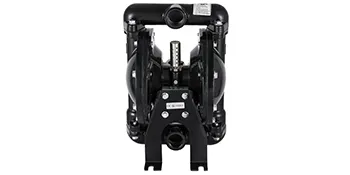 black VEVOR air-operated diaphragm pump front view with dual chambers and pipe fittings
