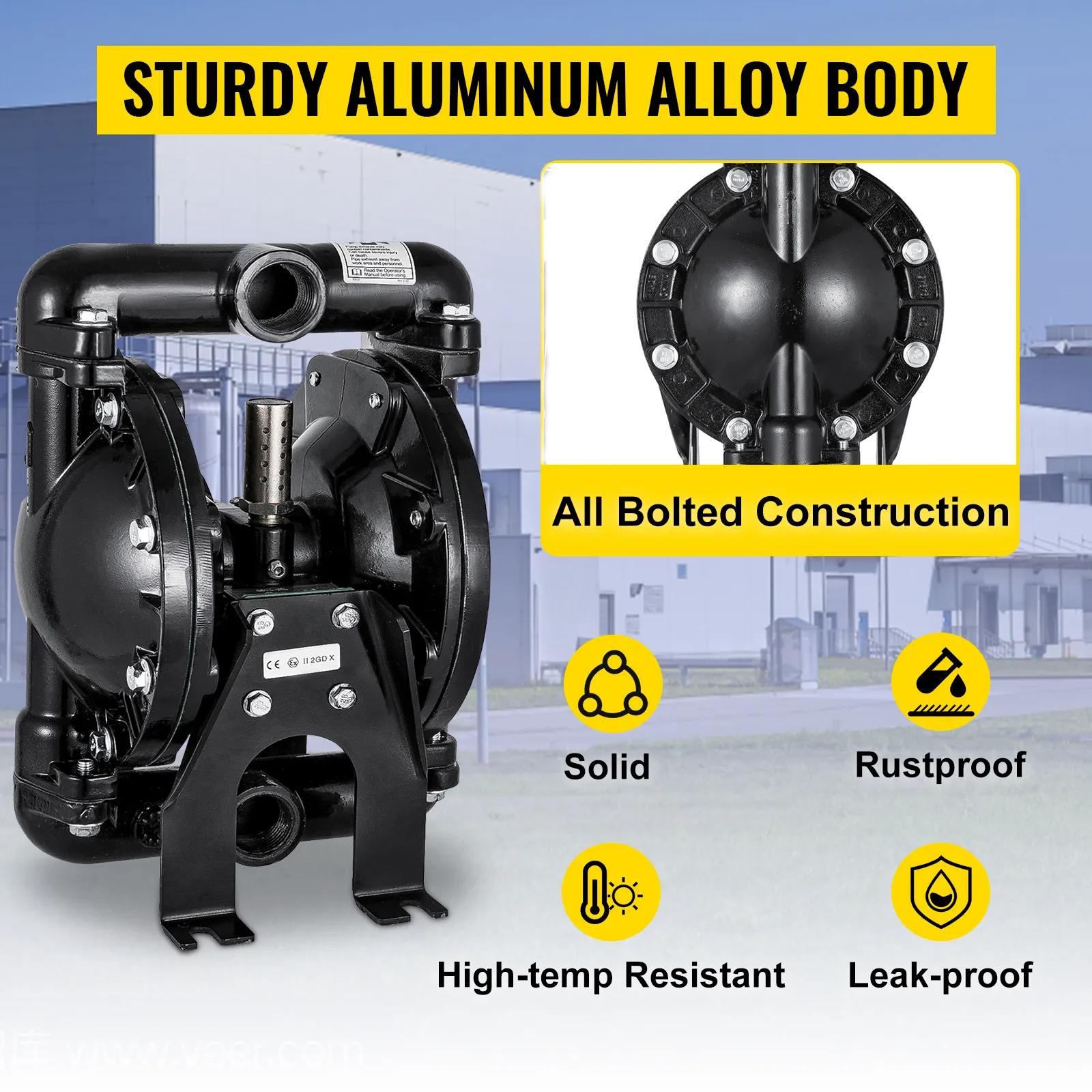 solid VEVOR air-operated diaphragm pump with aluminum alloy body and bolted construction.