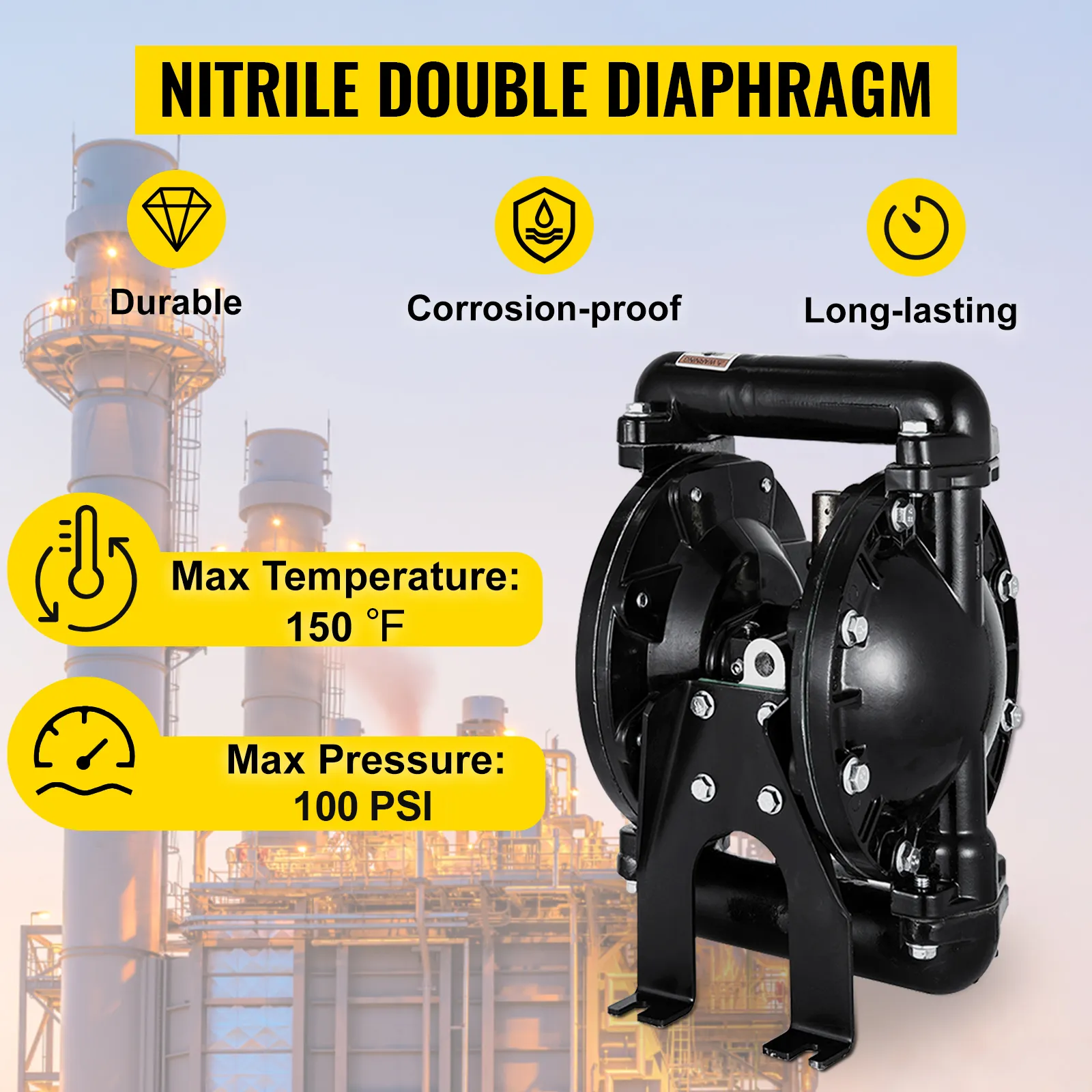 VEVOR air-operated diaphragm pump with nitrile double diaphragm, 150°f max temp, 100 psi.