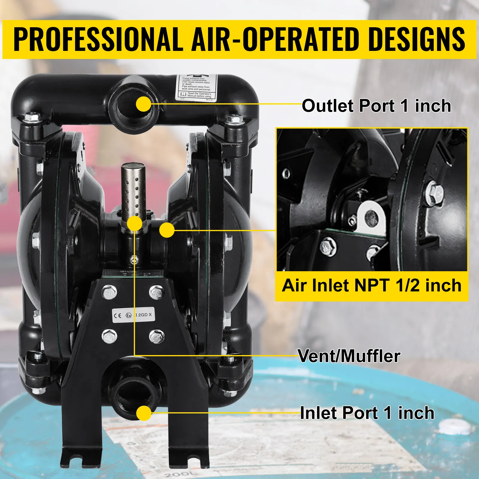VEVOR air-operated diaphragm pump with labeled ports and air inlet on industrial background.