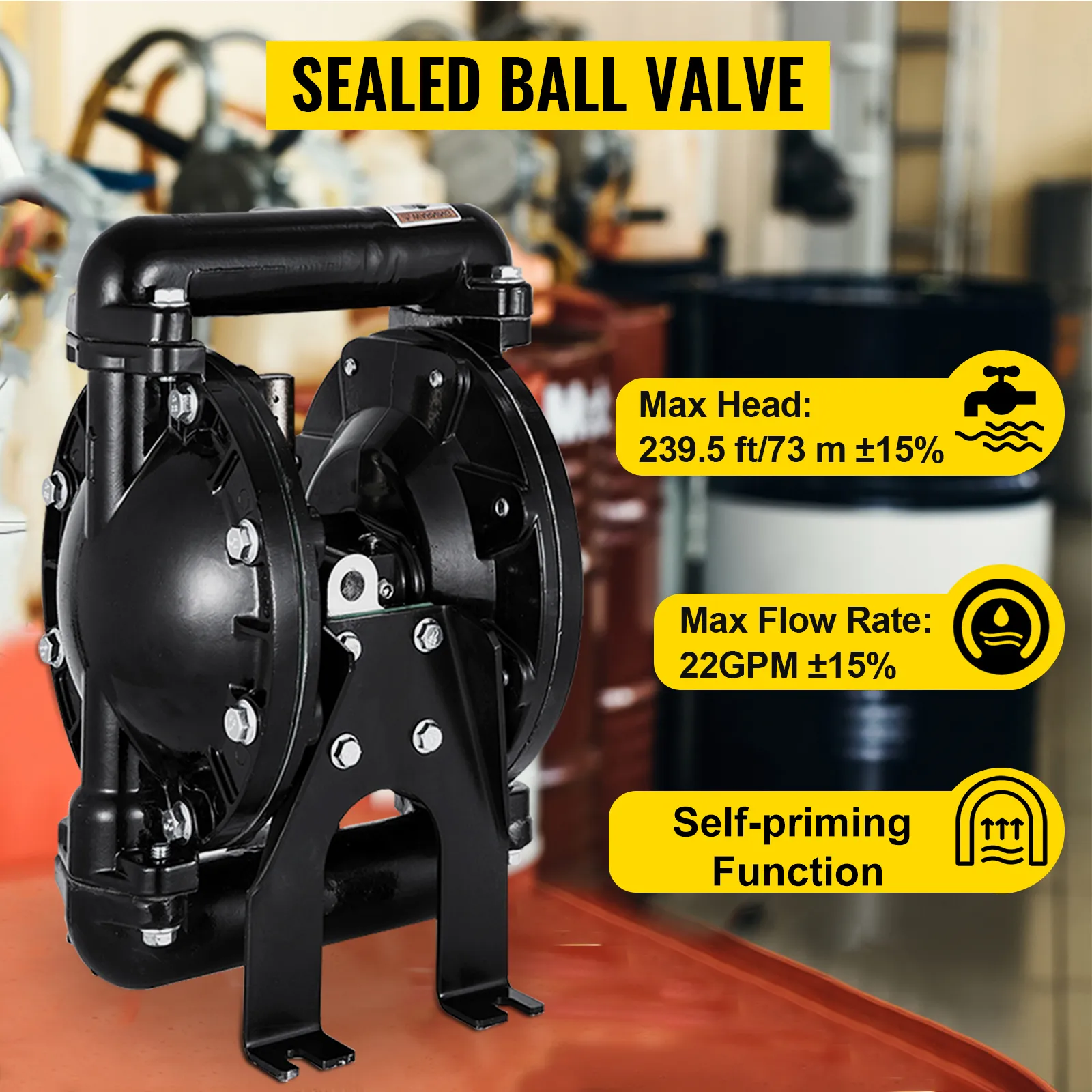 VEVOR air-operated diaphragm pump with sealed ball valve, 73m head, 22gpm flow rate.