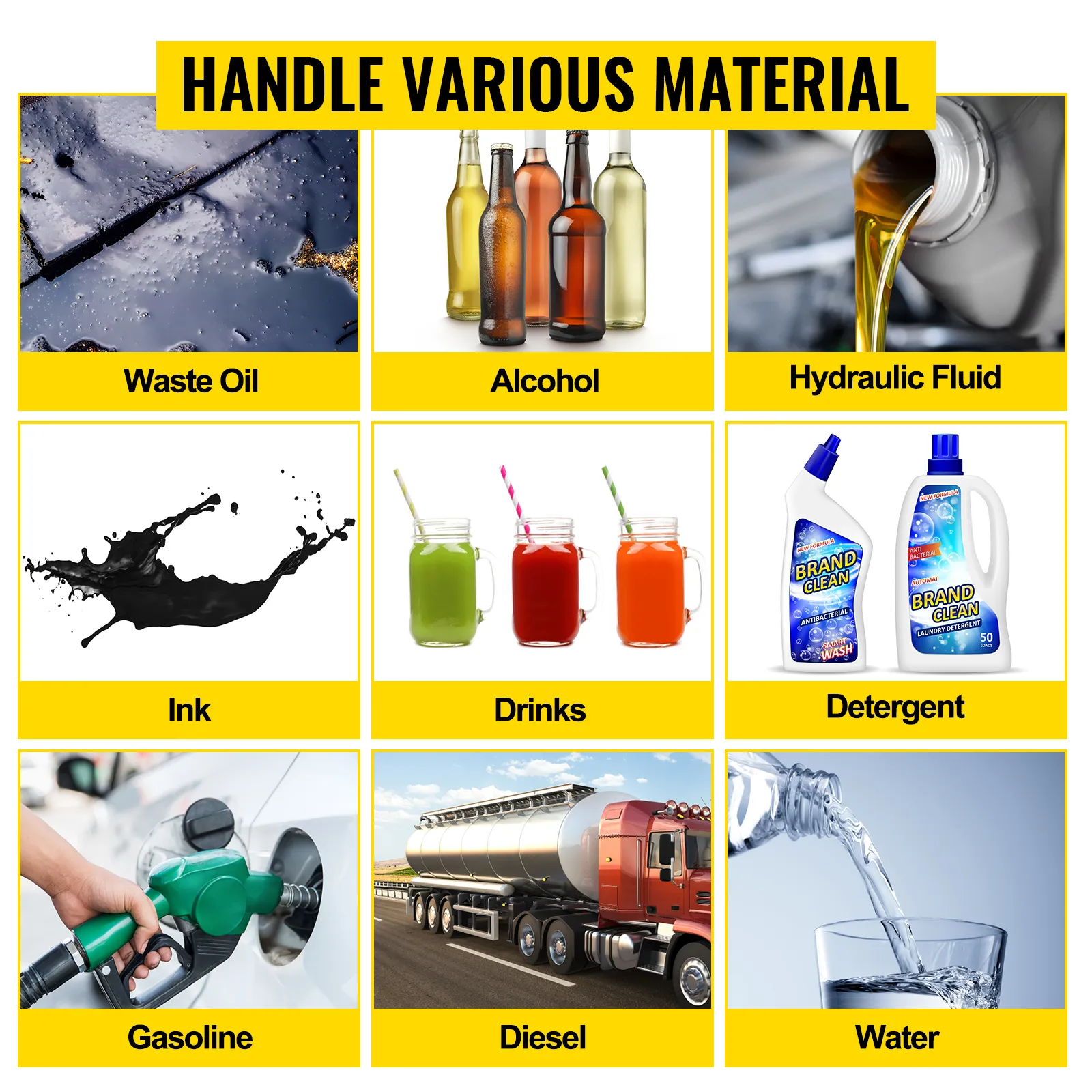 VEVOR air-operated diaphragm pump handles waste oil, alcohol, hydraulic fluid, ink, drinks, detergent, gasoline, diesel, water.