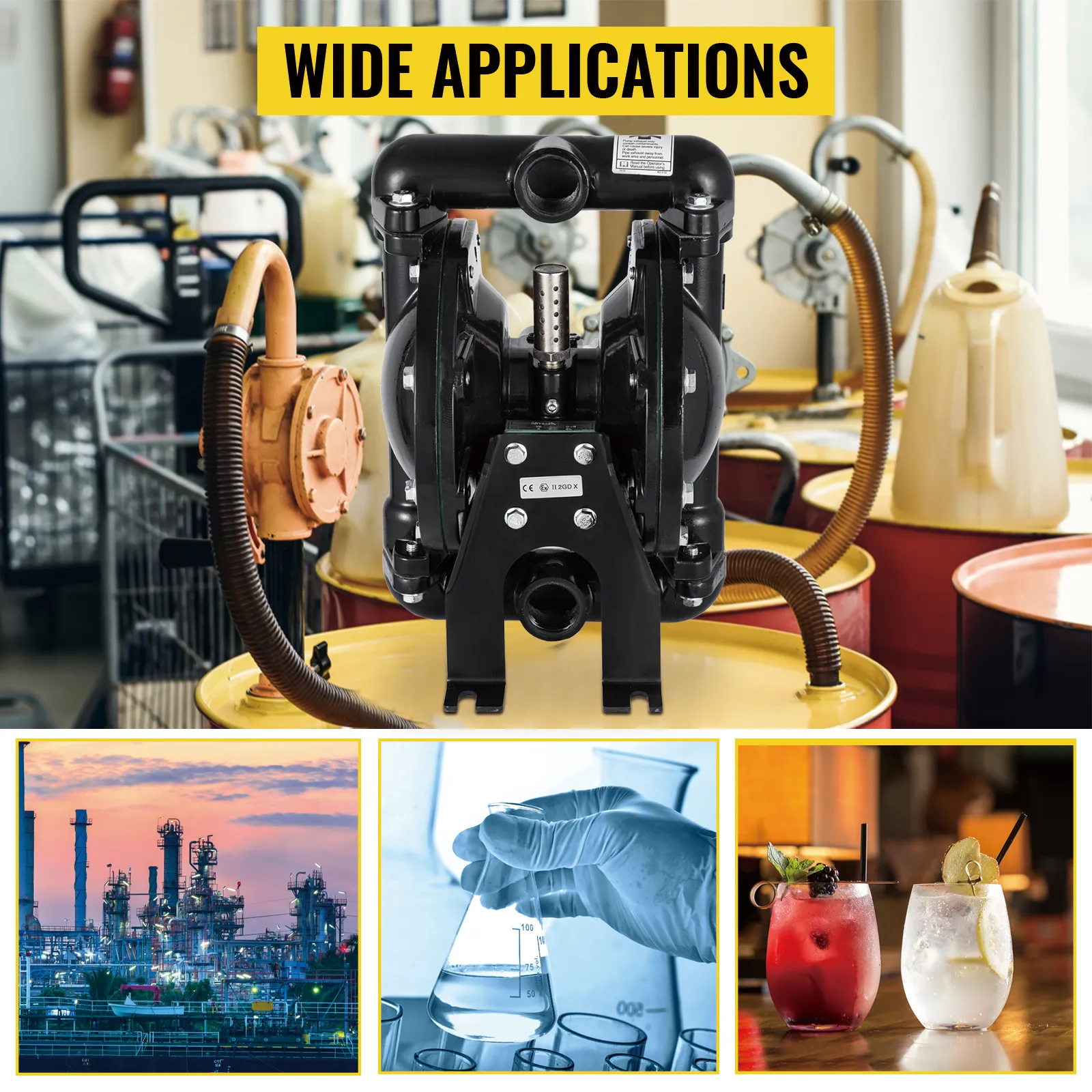 VEVOR air-operated diaphragm pump with wide applications in industry and beverages.