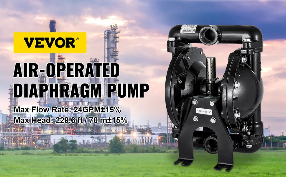 VEVOR diaphragm pump, air-operated, flow rate 24 gpm, max head 70 m, industrial background.