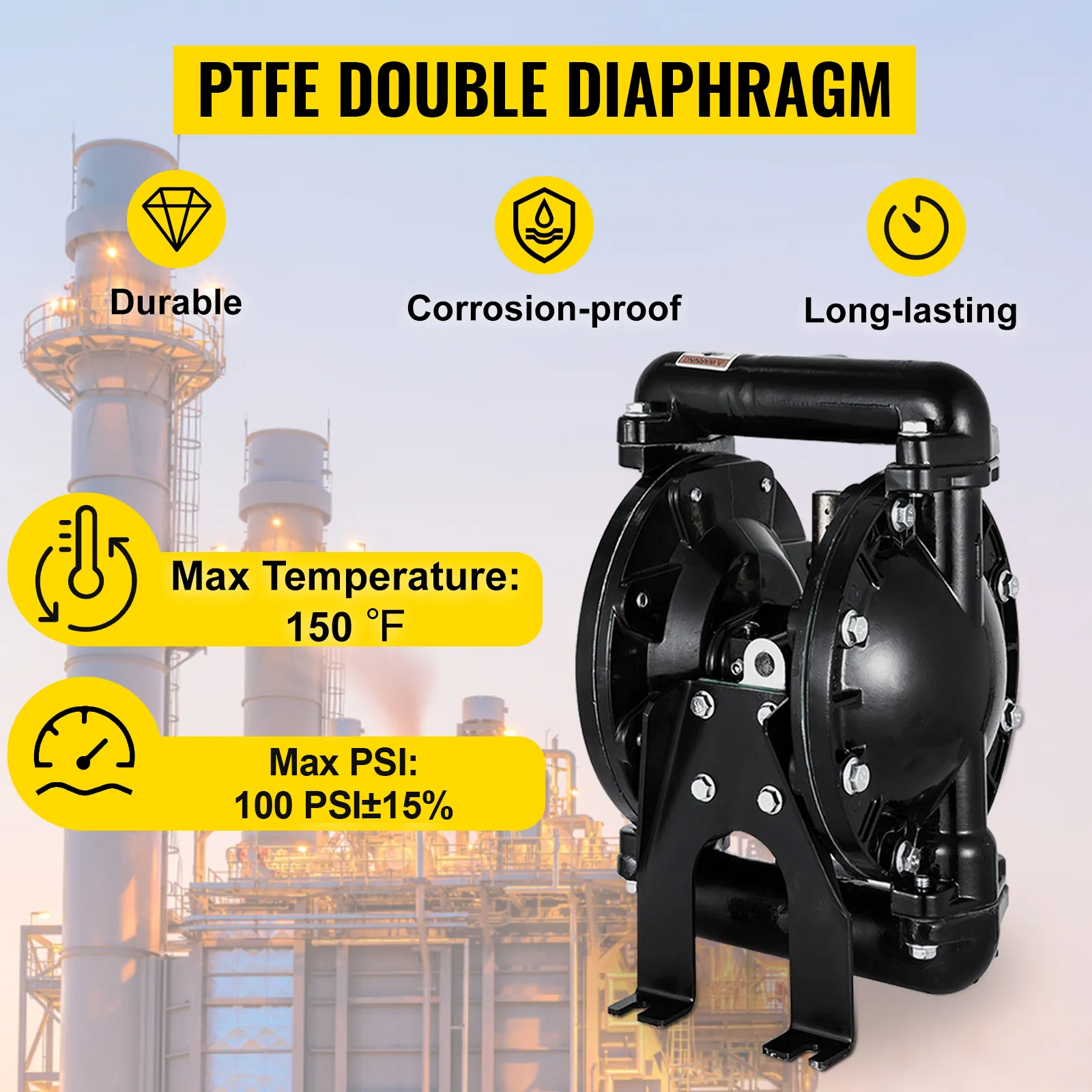 VEVOR diaphragm pump, ptfe double diaphragm, durable, corrosion-proof, long-lasting.