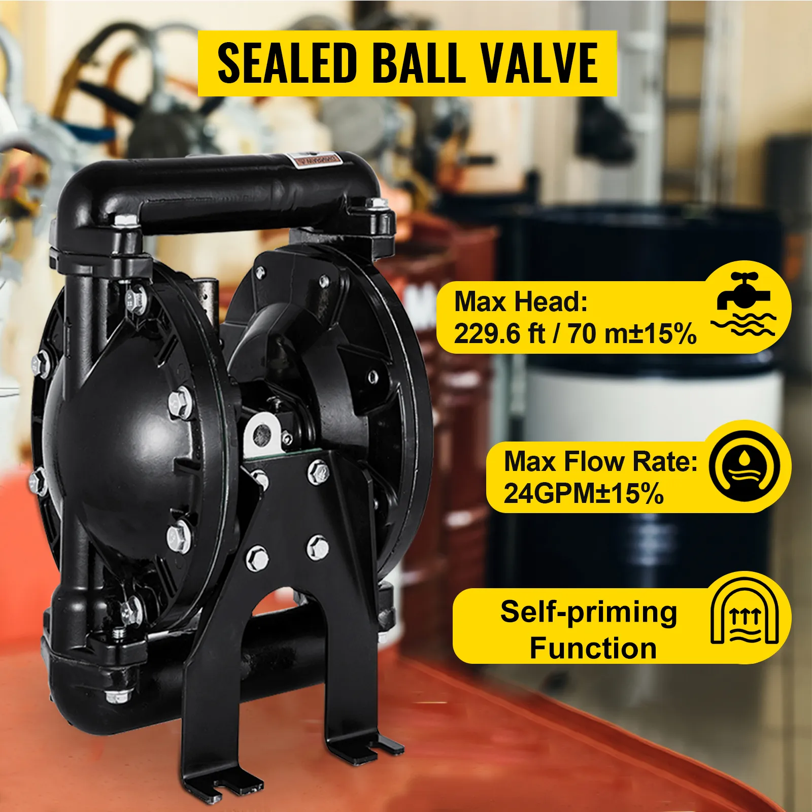 VEVOR diaphragm pump with sealed ball valve, 70m head, 24gpm flow, self-priming.