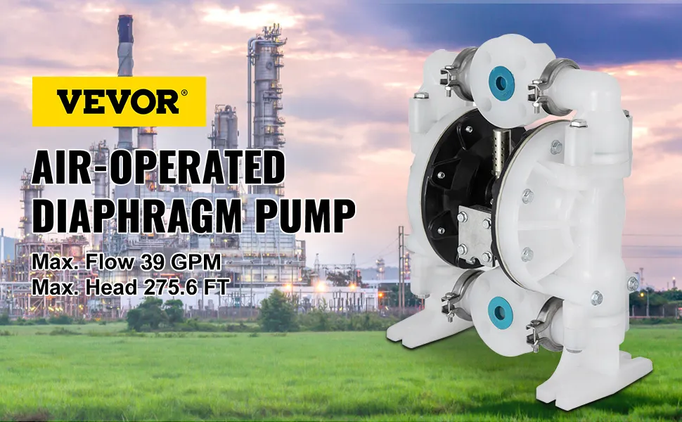 VEVOR air-operated double diaphragm pump with industrial background and specs.