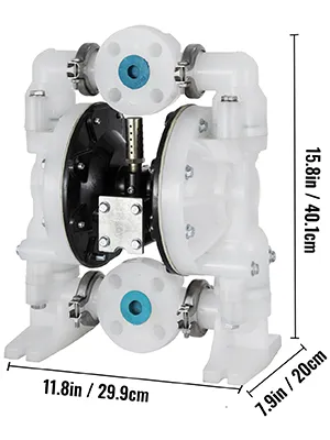 VEVOR air-operated double diaphragm pump with dimensions labeled in inches and cm