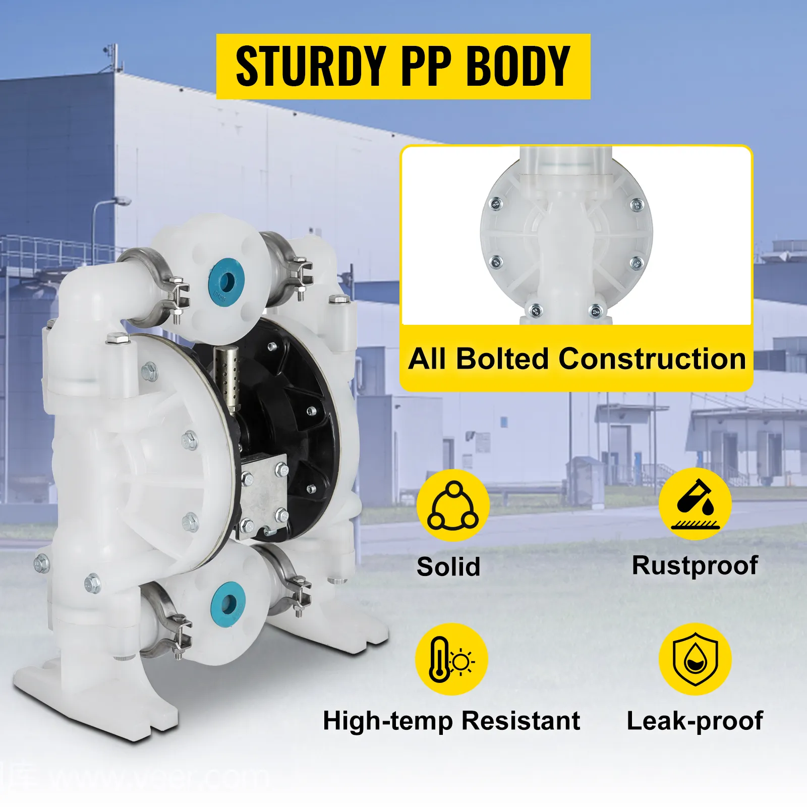 VEVOR air-operated double diaphragm pump with sturdy pp body and bolted construction.