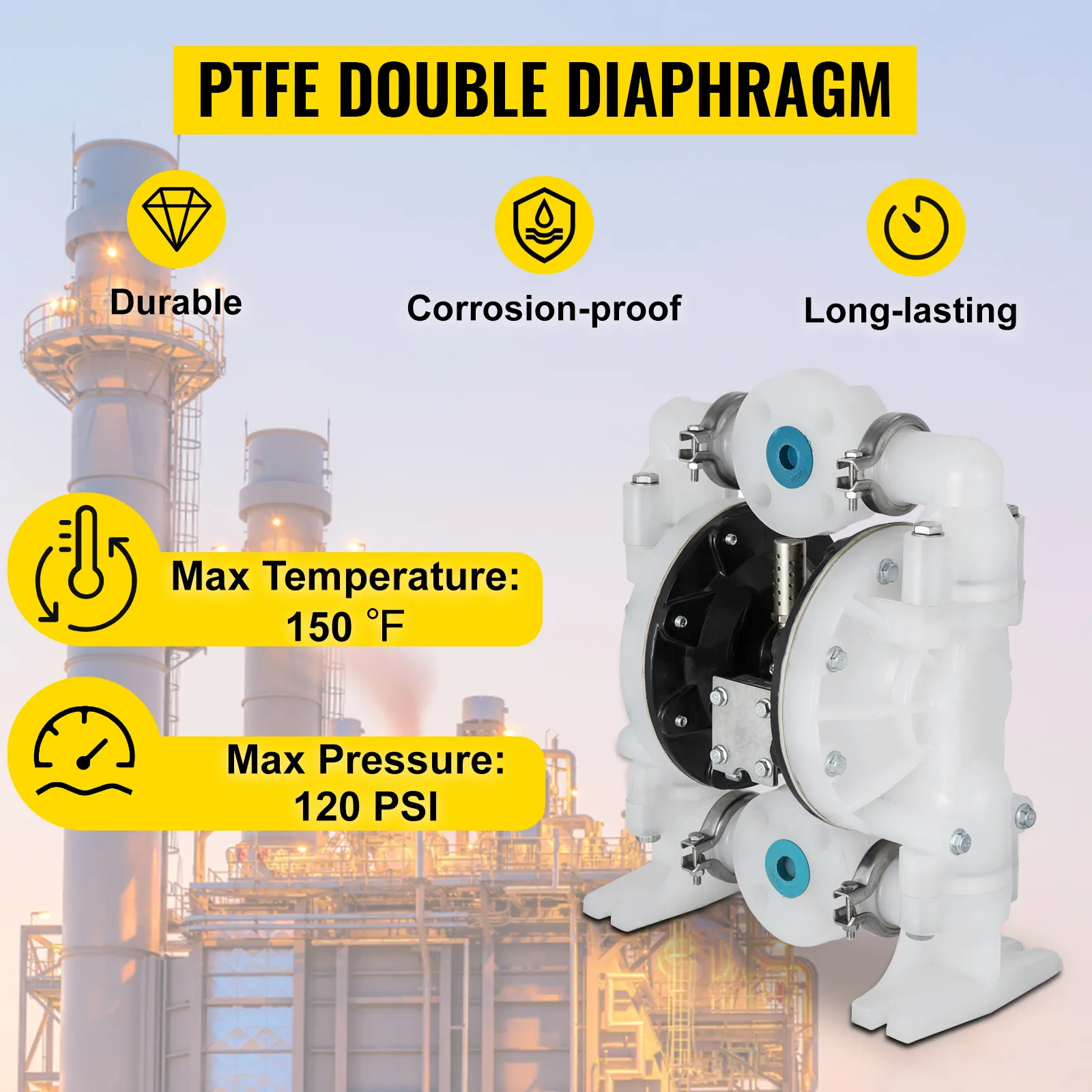 VEVOR air-operated double diaphragm pump with ptfe, 150°f max temp, 120 psi max pressure.