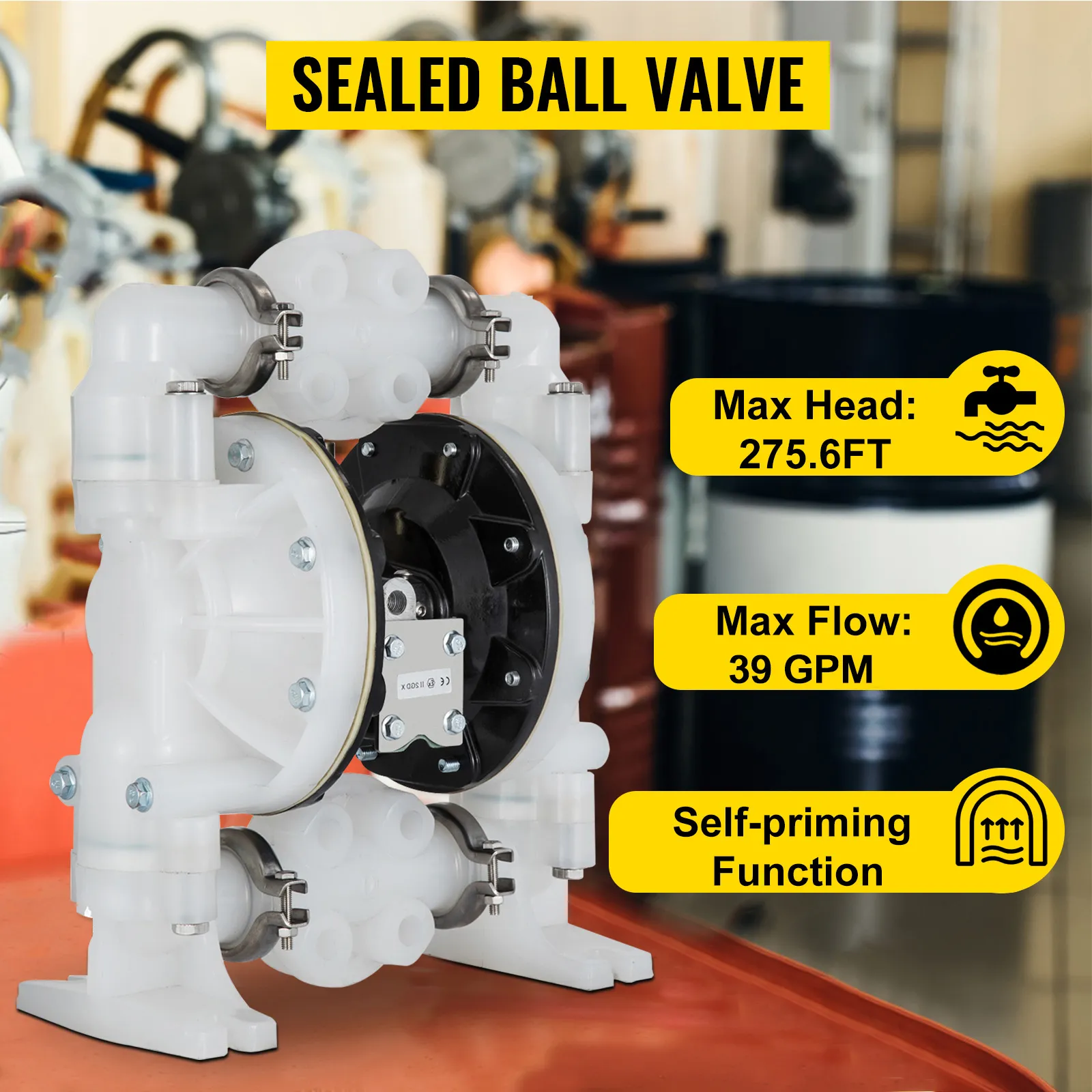 VEVOR air-operated double diaphragm pump with 275.6ft max head and 79.2 gpm flow.