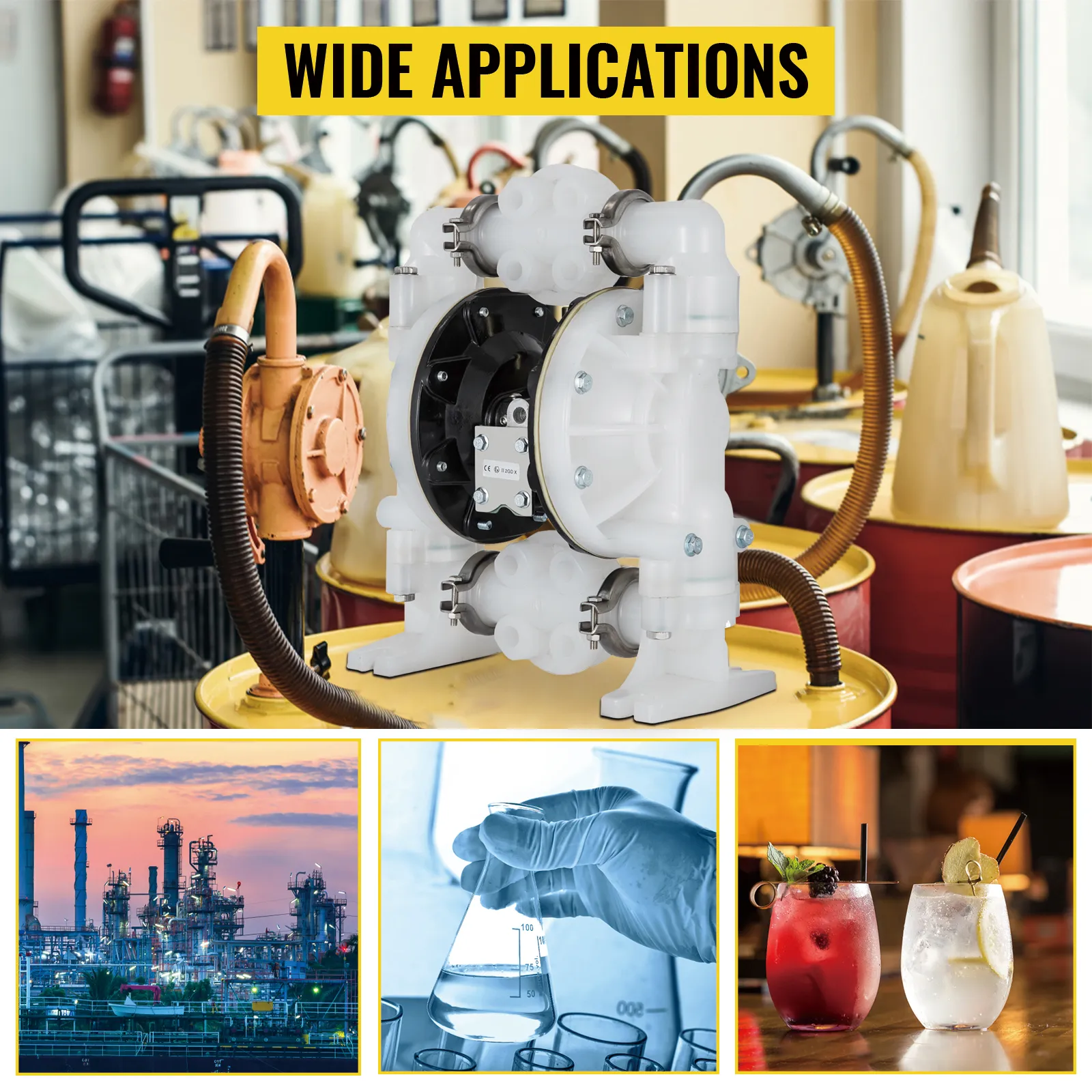 VEVOR air-operated double diaphragm pump with wide applications in industry, lab, and beverages.