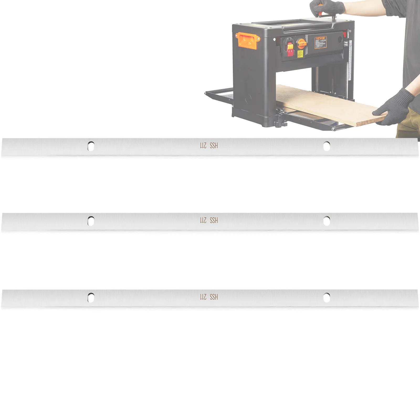 Hobel und drei VEVOR-Hobelblätter mit einer Arbeiter-Einstellmaschine. Perfekt für die Holzbearbeitung.