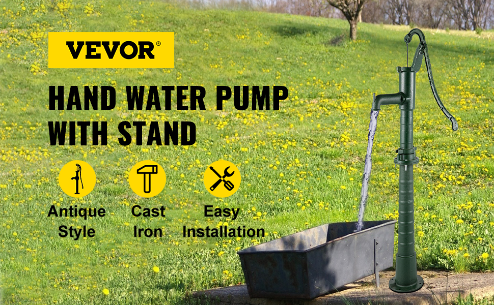 Ручний водяний насос VEVOR з підставкою для встановлення на трав'яному полі, в античному стилі, з чавуну.