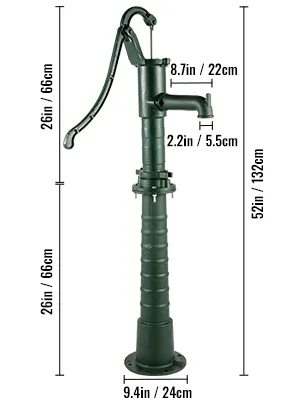VEVOR hand water pump with dimensions: 52in height, 9.4in base, 8.7in spout length.