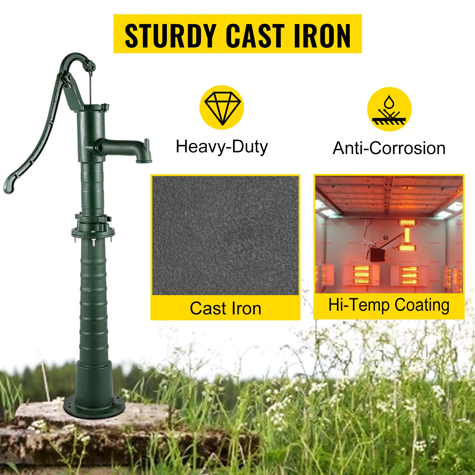 VEVOR hand water pump: sturdy cast iron, heavy-duty, anti-corrosion, hi-temp coating.