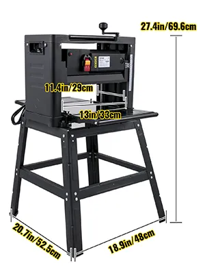 Cepilladora de espesor VEVOR con medidas en pulgadas y centímetros.