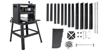 Cepilladora de espesor VEVOR con soporte, componentes de instalación y hardware.