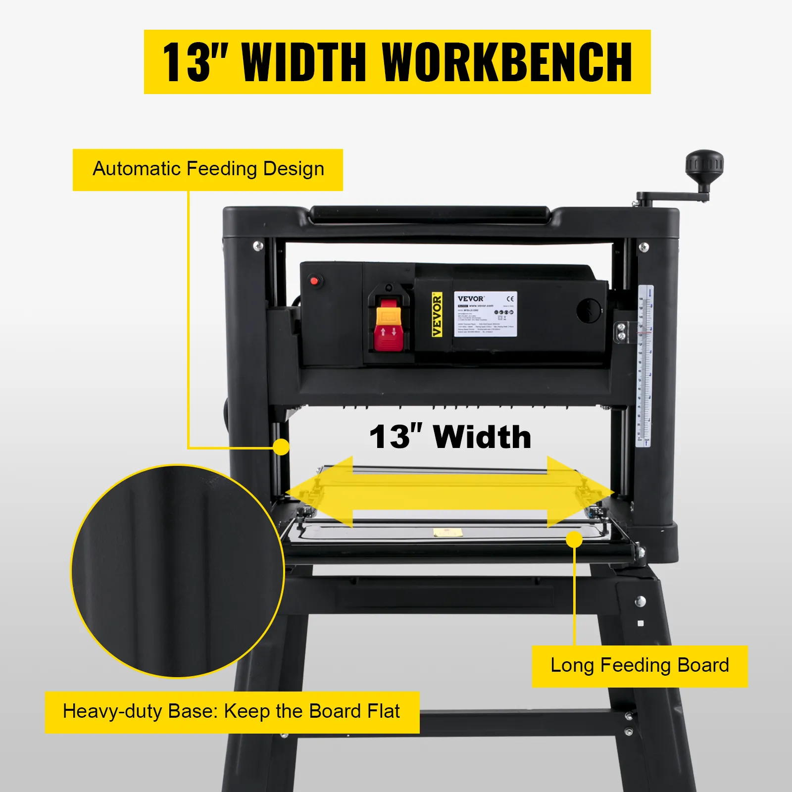 Cepilladora de espesor VEVOR con banco de trabajo de 13" de ancho, alimentación automática, base resistente.