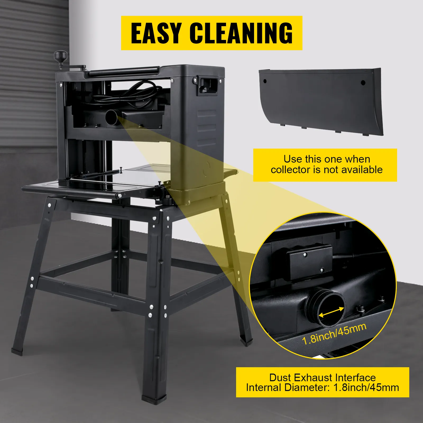 Cepilladora de espesor VEVOR con interfaz de escape de polvo para una fácil limpieza.