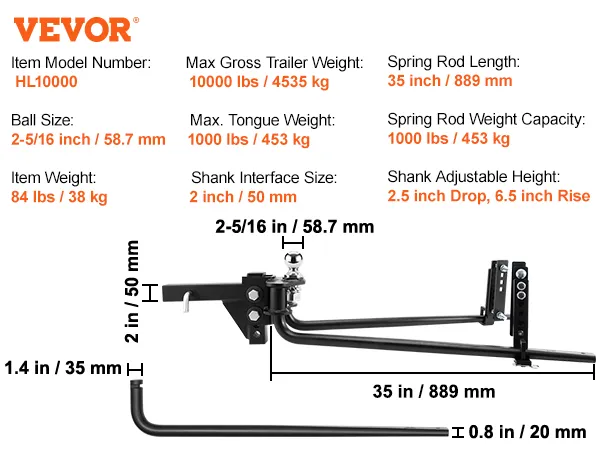 VEVOR-Anhängerkupplung hl10000 mit 10.000 lbs Tragkraft, 2-5/16 Zoll Kugel, 35 Zoll Federstange.